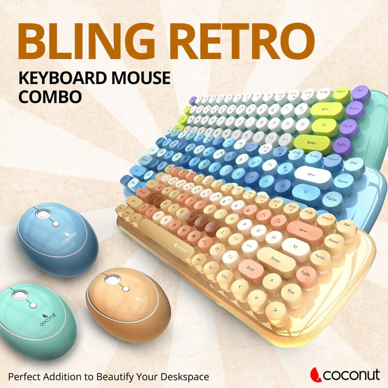 Coconut Bling Retro Wireless Combo (Elegant Retro Design Keyboard with Wireless Mouse, Perfect for Home, Office & Casual Use, 1 Year Warranty)