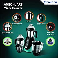 Crompton Ameo 750-Watt Mixer Grinder with MaxiGrind and Motor Vent-X Technology AMEO-4JARS