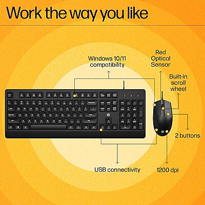 Open Box HP 150 Wired Mouse and Keyboard Wired USB Multi-device Keyboard- Combo