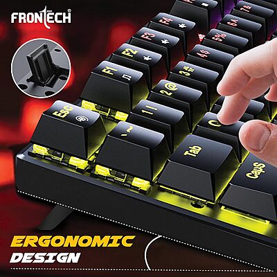 Frontech KB-0014 Wired Gaming Keyboard – Mechanical Keys | Multicolor RGB Backlight | Ergonomic Design with Retractable Stands | USB Plug & Play | 1 Year Warranty