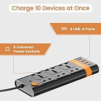 Ambrane Extension Board, 10 Ports with 4 USB Ports + 6 Power Sockets Smart Electric Surge Protector Multi Plug with 2500W, 3Mtr Cord Length, 2.1A USB Output Smartstrip