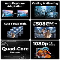 ZEBRONICS PIXAPLAY 28 1080P FHD, 508 cm Screen, Dolby, Smart Projector, 9000 Lumens, Auto Focus, Auto Keystone, HDMI (ARC), Miracast, Dual Band, 30,000 Hour Lamp Life