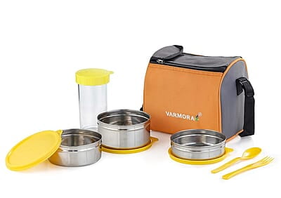 Varmora Stainless Steel Mini Lunch Box, Orange, 6 Pieces