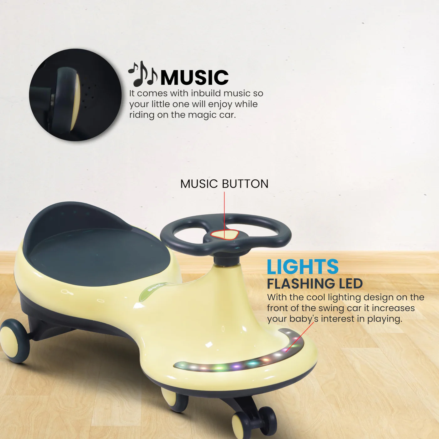 Baybee Trix Go Kids Magic Swing Cars for Kids-Yellow Baybee Trix Go Kids Magic Swing Cars for Kids-Yellow