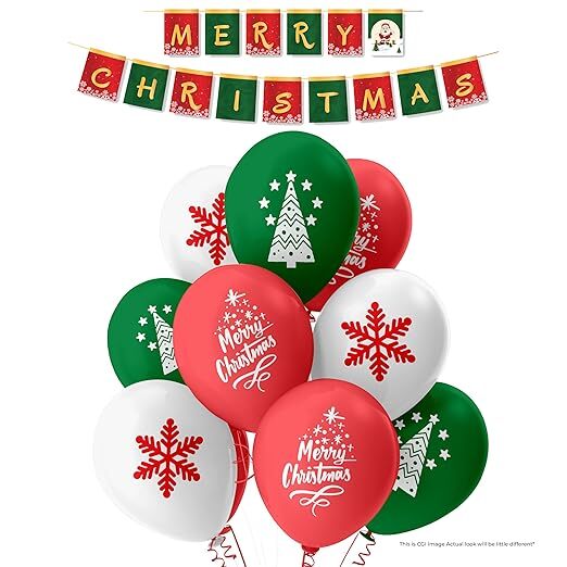 Christmas Balloons with Banner Combo kit Customized Balloons Pack of 21pcs Red, White and Green Balloons Party Supplier