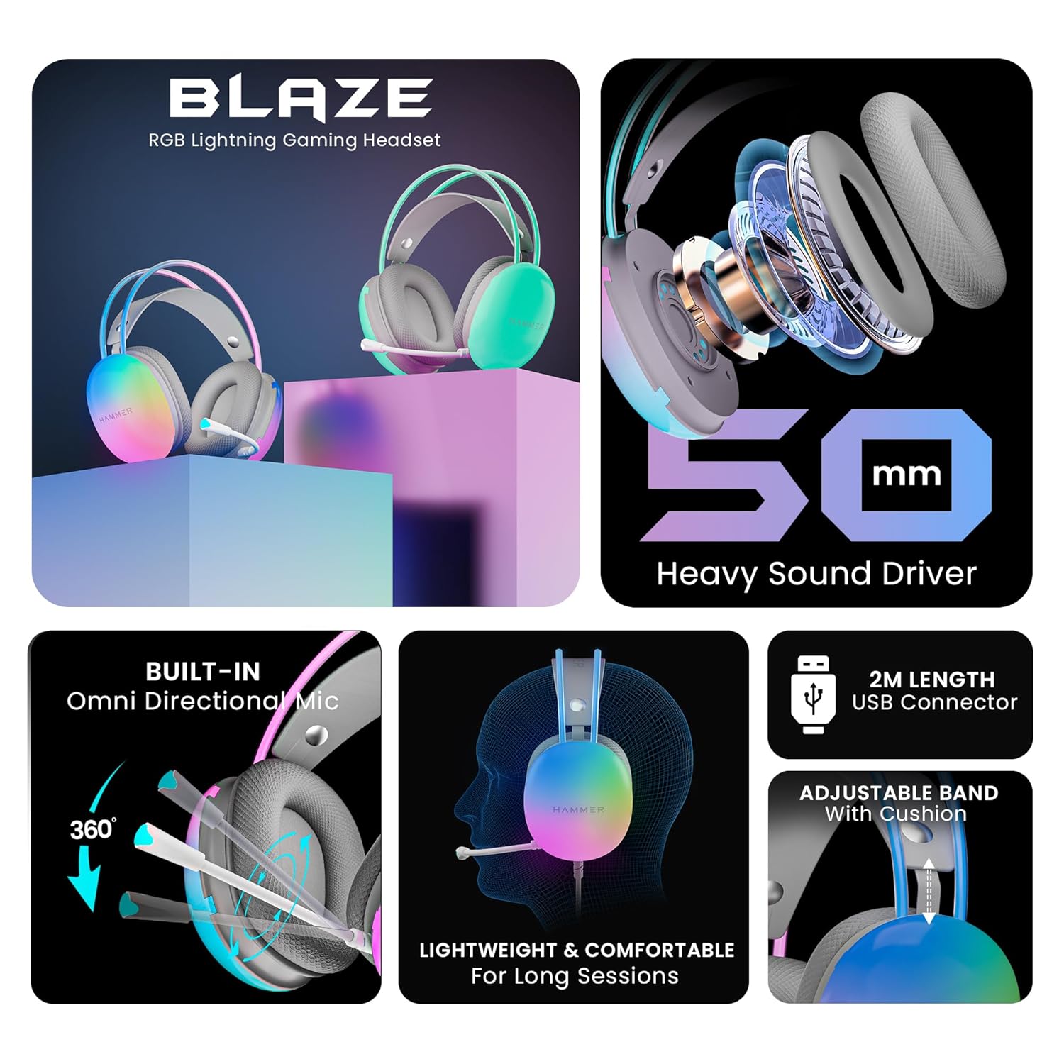 HAMMER Blaze Wired Over Ear Gaming Headphones with Mic, 50mm Drivers, Full RGB Lights, Gaming Headset with Adjustable Bands, Breathable earcushion, 1.5Mtr Wire with USB (Black) HAMMER Blaze Wired Over Ear Gaming Headphones with Mic, 50mm Drivers, Full RGB Lights, Gaming Headset with Adjustable Bands, Breathable earcushion, 1.5Mtr Wire with USB (Black)