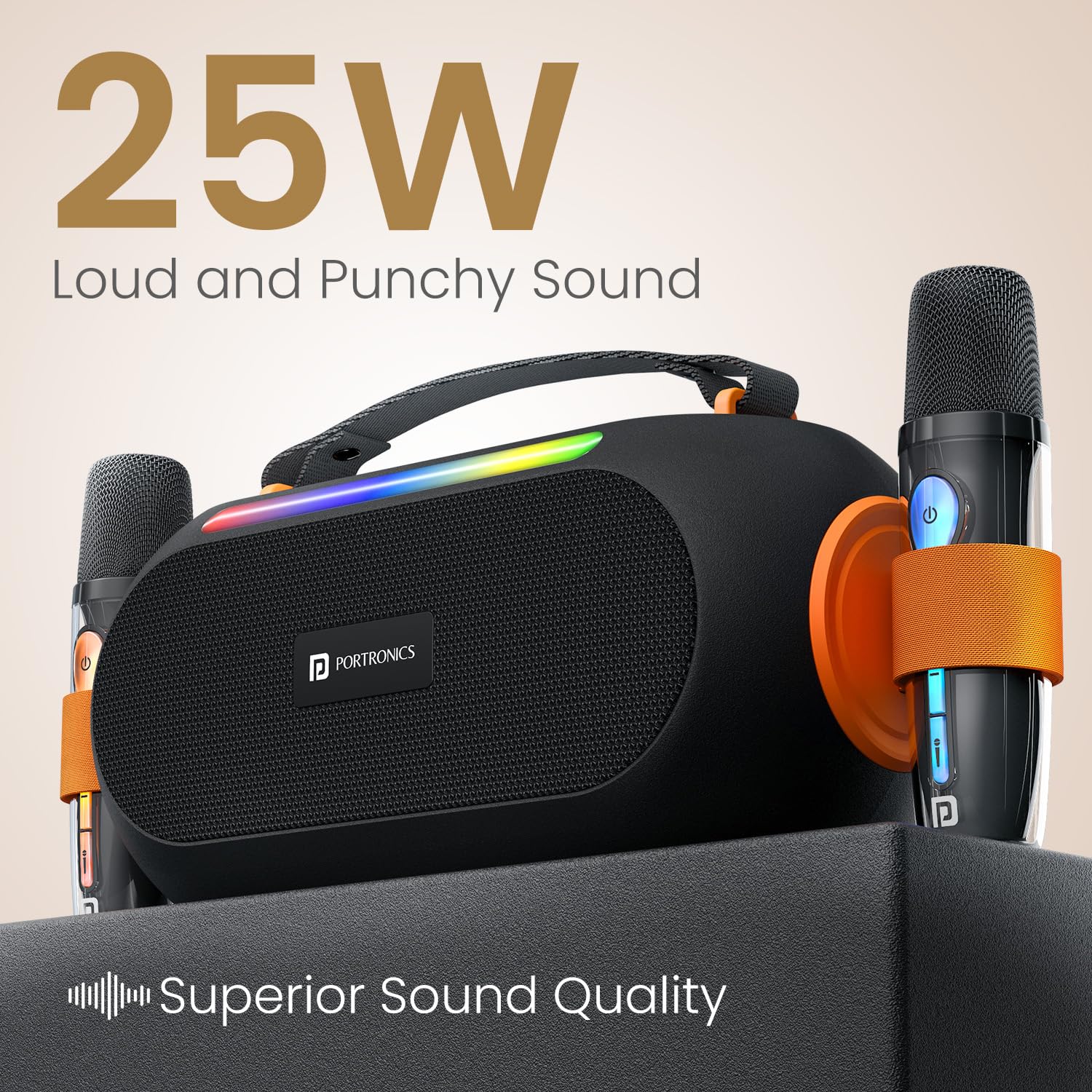 Portronics POR 2736 Apollo 20 25W Bluetooth Speaker – BT 5.4 Dual Wireless Karaoke Mic RGB Black