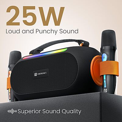 Portronics POR 2736 Apollo 20 25W Bluetooth Speaker – BT 5.4  Dual Wireless Karaoke Mic  RGB  Black