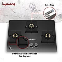 Lifelong 3 Gas Burner Top - 3 Burners Hob Top Gas Stove with Automatic Ignition - Toughened Glass top Gas Stove