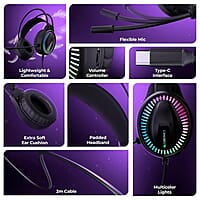 ZEBRONICS New Launch Blitz C Dolby Atmos Gaming Over Ear Headphone, 50Mm Neodymium Drivers, Padded Headband, Lightweight & Comfortable, RGB Lights, Flexible Mic, Type-C Connector,