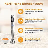KENT 16044 Hand Blender Stainless Steel 400 W | Variable Speed Control | Easy to Clean and Store | Low Noise Operation