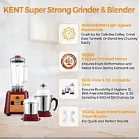 KENT Stainless Steel Super Strong Grinder&Blender|30,000 Rpm Electronic Variables Speed Control|Spill-Proof Lids With Jars|Overheating&Overcurrent Protection|Lockable Jar|Speed Control Switch