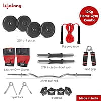 Lifelong PVC Home Gym Set 10Kg -20kg Plate 3Feet Curl Rod and Dumbbells Rods with Gym Accessories