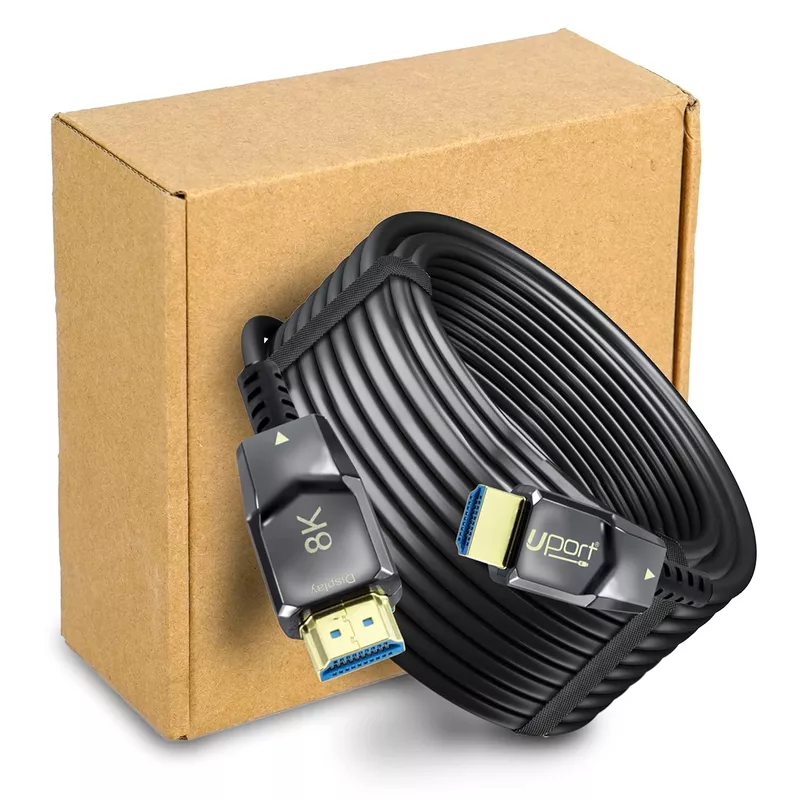 Uport 8K HDMI 2.1 Cable 20m – Fiber Optic, UHD, supports 8K@60Hz, HDR, and eARC. Ideal for gaming and home theater setups. Durable, lightweight, and flexible design for easy installation.