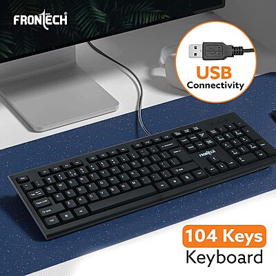 Frontech KB-0032 Wired USB Keyboard – Ergonomic Design | Quiet Keys | Durable Build | Smooth & Comfortable Daily Typing