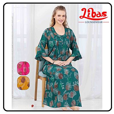 Mosaic Green Alpine Plus Long Sleeve Nighty With Floral Print All Over From Libas Loungewear-LSN212