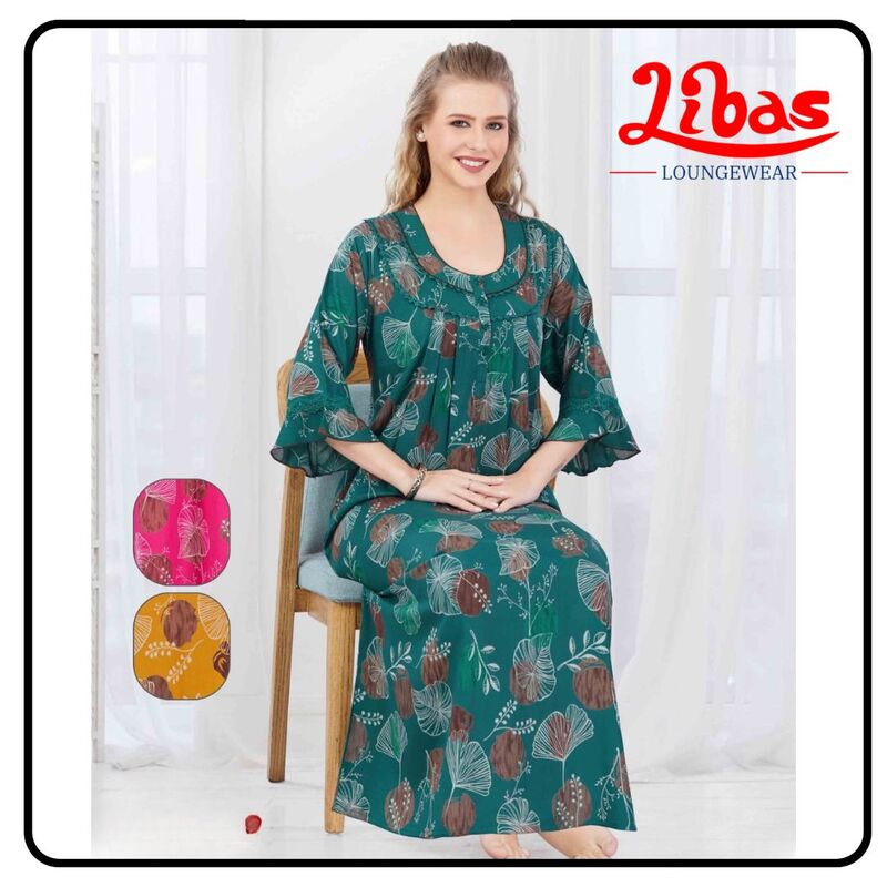 Mosaic Green Alpine Plus Long Sleeve Nighty With Floral Print All Over From Libas Loungewear-LSN212