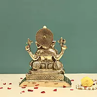 Brass Handcrafted Ganesha on Singhasan - 9 inch Height | Artisan-Crafted Brass Ganesha Idol on Singhasan for Divine Presence