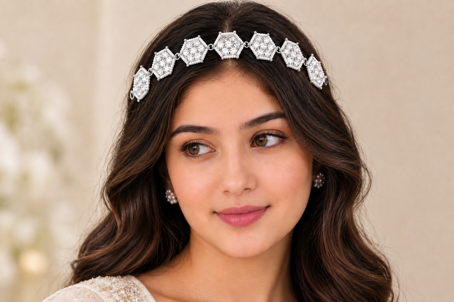 White Stone Matha Patti with Silver-Tone Floral Link Design