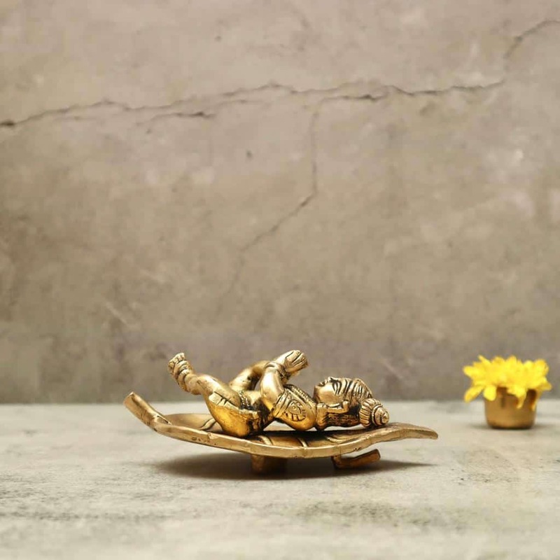 Brass Bala Gopala Krishna on Peepal Leaf Wall Hanging - 6 inch Height | Adorable Brass Wall Hanging of Bala Gopala Krishna on Peepal Leaf