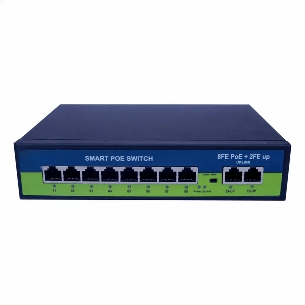 PoE Ethernet Switch Ai Poe (8Fe+2Ge) Over Ethernet Switch 2 Port Uplink Giga, 802.3Af/At Poe+100MB-ps, 120W BuiltIn Power, Extend To 250Meter, Unmanaged Metal Plug And Play