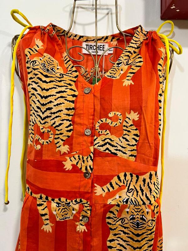 Leher's Sleeve-Less Fit & Flare Dress - Orange stripes & Tigers