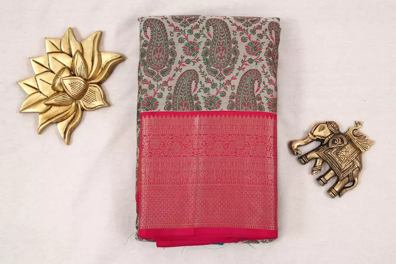 Grey & Pink Paisley Silk Saree with Rich Zari Pallu