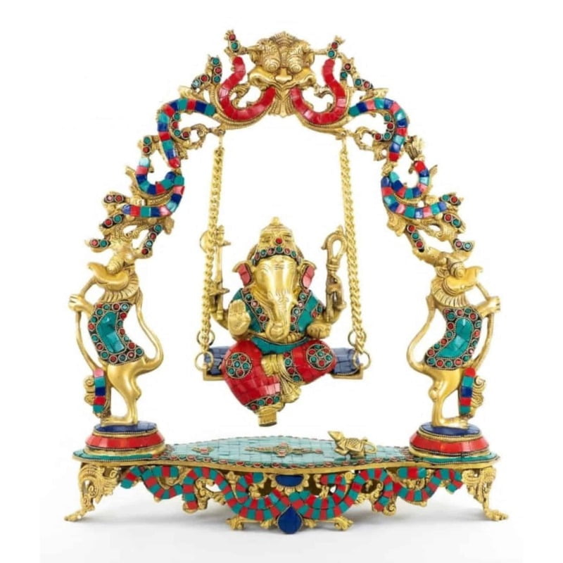 Brass Jhula Ganesha - 18 inch Height | Sacred Brass Ganesha Statue on Swing for Worship