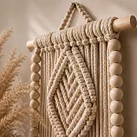 Natural Beige Macrame Diamond Wall Hanging with Wooden Shelf