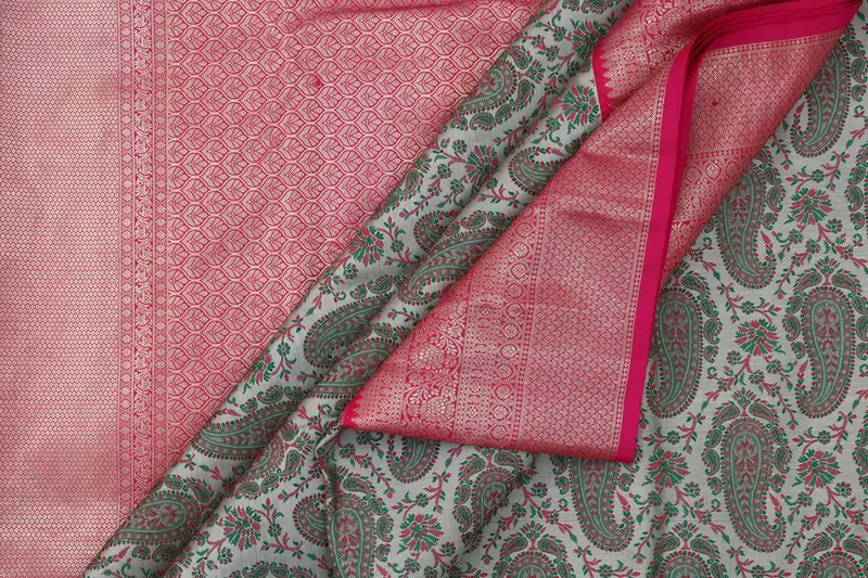 Grey & Pink Paisley Silk Saree with Rich Zari Pallu