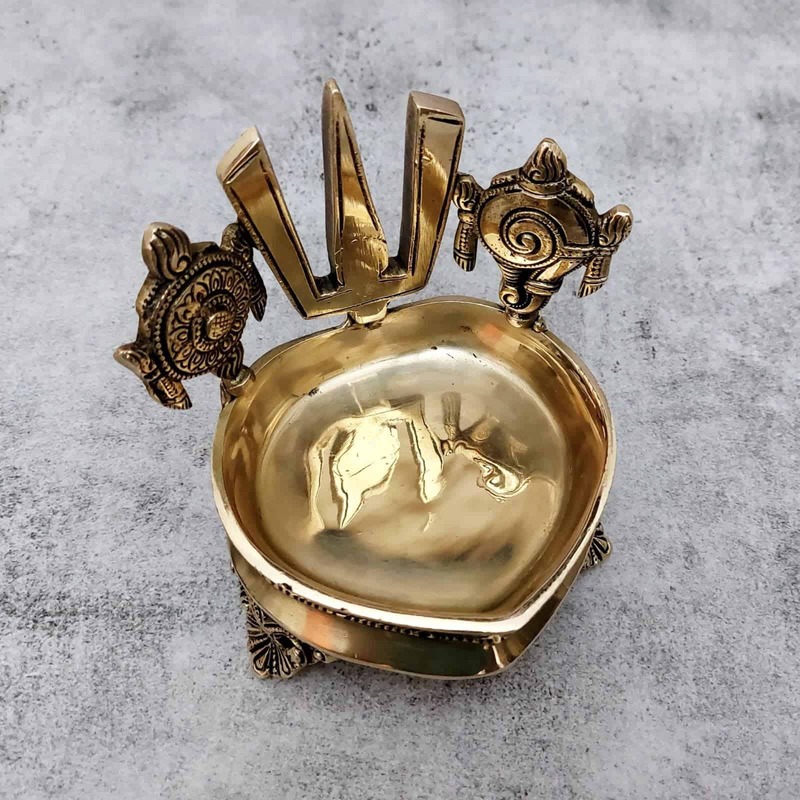Brass Shank Chakra Nama Diya - 5.8 inch Height | Sacred Brass Diya with Shankh and Chakra Design