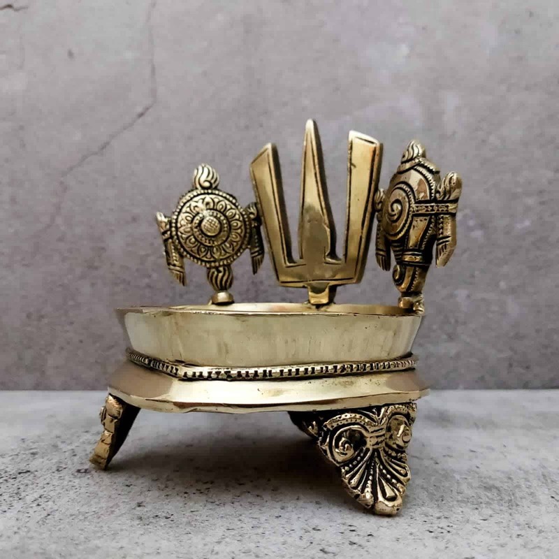 Brass Shank Chakra Nama Diya - 5.8 inch Height | Sacred Brass Diya with Shankh and Chakra Design