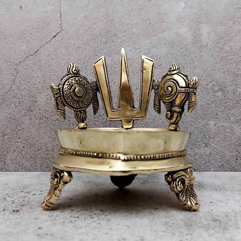 Brass Shank Chakra Nama Diya - 5.8 inch Height | Sacred Brass Diya with Shankh and Chakra Design