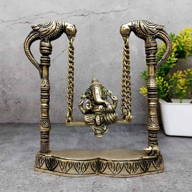 Brass Ganesh Jhula - 7.8 inch Height | Auspicious Brass Ganesh Statue on Jhula for Blessings