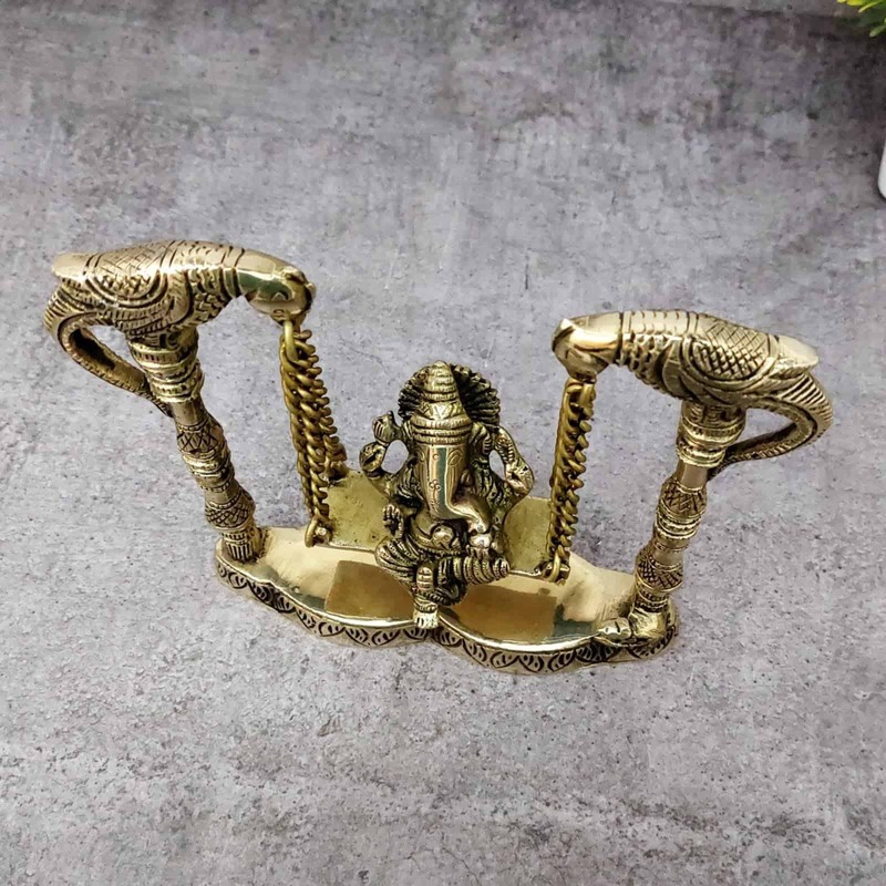 Brass Ganesh Jhula - 7.8 inch Height | Auspicious Brass Ganesh Statue on Jhula for Blessings