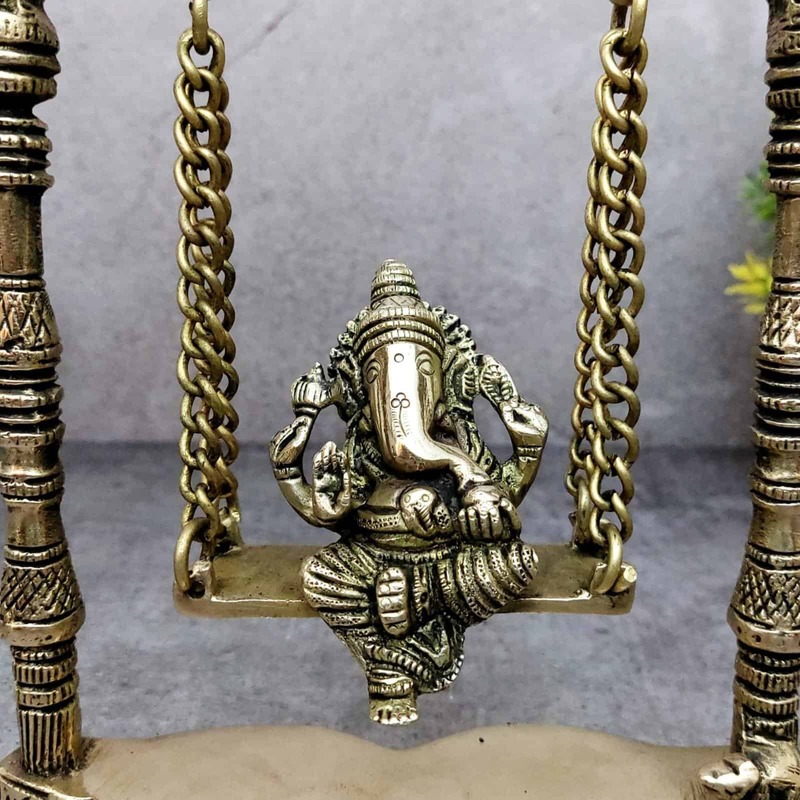 Brass Ganesh Jhula - 7.8 inch Height | Auspicious Brass Ganesh Statue on Jhula for Blessings