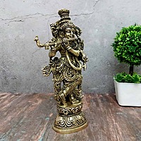 Brass Super Fine Krishna Idol - 9.5 inch Height | Exquisite Brass Krishna Statue with Fine Craftsmanship