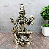 Brass Saraswati Devi - 8 inch Height | Elegant Brass Saraswati Devi Statue for Knowledge and Arts