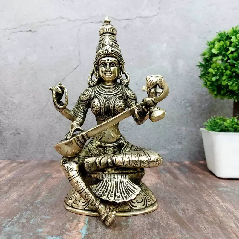 Brass Saraswati Devi - 8 inch Height | Elegant Brass Saraswati Devi Statue for Knowledge and Arts