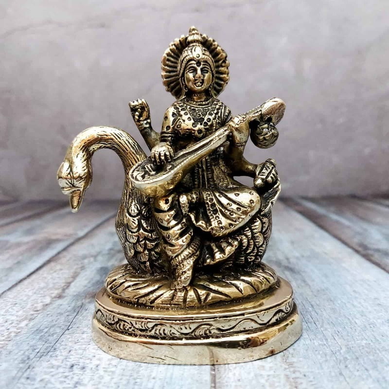 Brass Saraswati on Hamsa - 5 inch Height | Graceful Brass Saraswati Statue on Hamsa for Wisdom