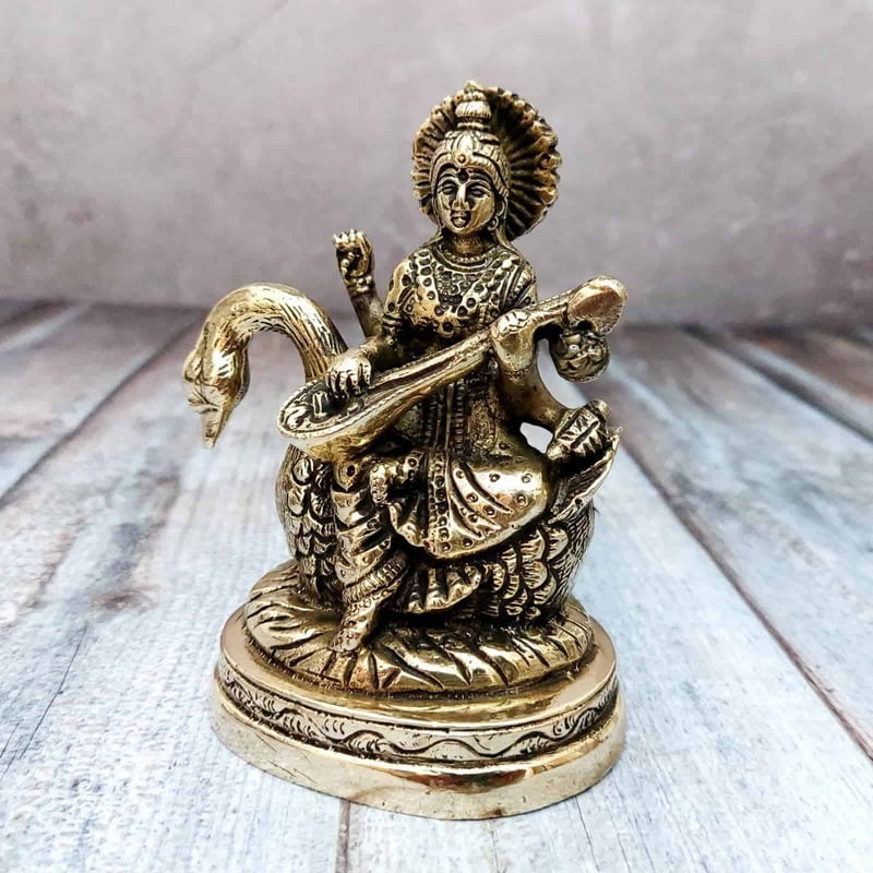 Brass Saraswati on Hamsa - 5 inch Height | Graceful Brass Saraswati Statue on Hamsa for Wisdom