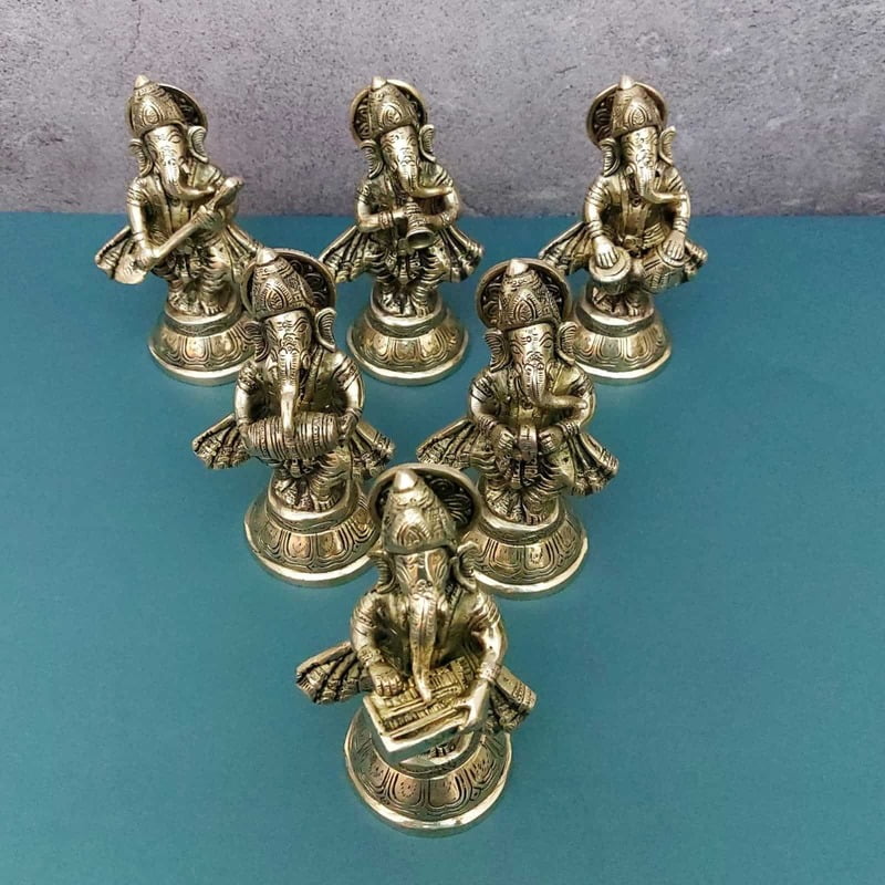 Brass Fine Ganesha Musical Set of 6 idols - 5.5 inch Height | Beautiful Brass Set of 6 Ganesha Idols with Musical Instruments