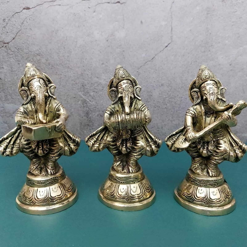 Brass Fine Ganesha Musical Set of 6 idols - 5.5 inch Height | Beautiful Brass Set of 6 Ganesha Idols with Musical Instruments