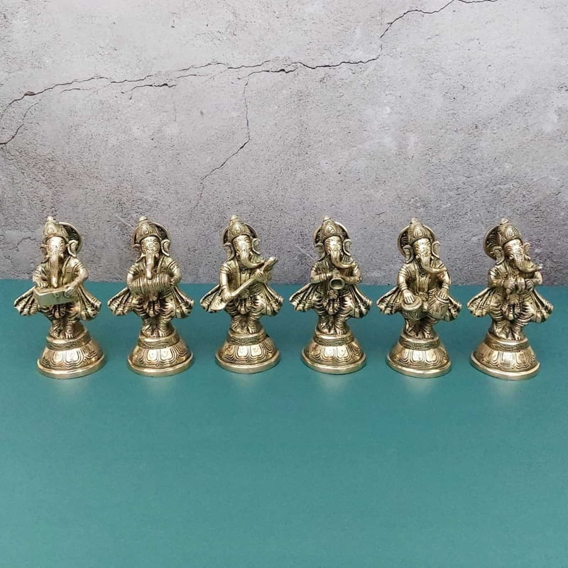 Brass Fine Ganesha Musical Set of 6 idols - 5.5 inch Height | Beautiful Brass Set of 6 Ganesha Idols with Musical Instruments