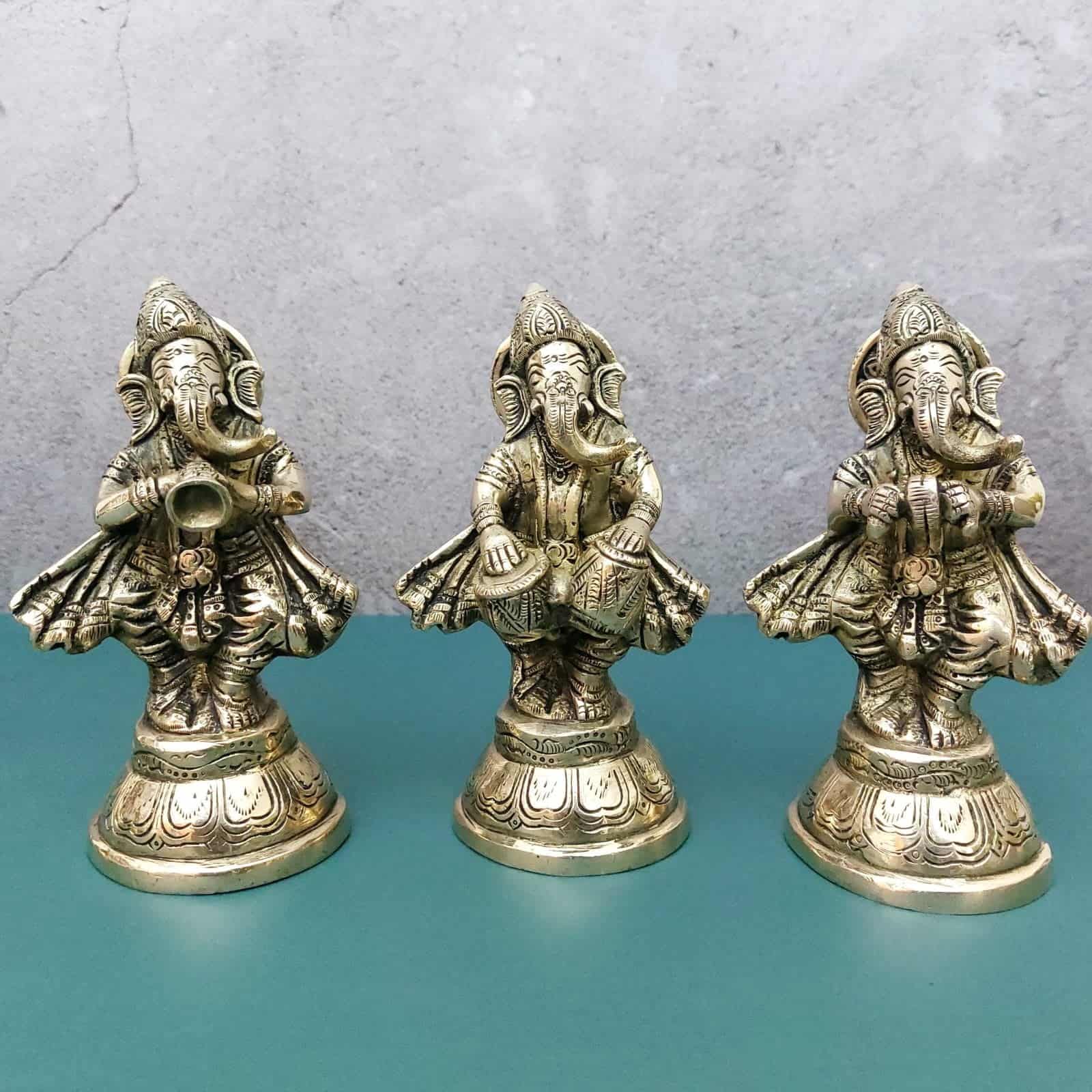 Brass Fine Ganesha Musical Set of 6 idols - 5.5 inch Height | Beautiful Brass Set of 6 Ganesha Idols with Musical Instruments