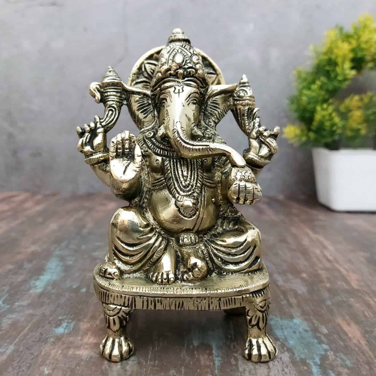 Brass Chowki Ganesha - 5.5 inch Height | Decorative Brass Ganesha Statue on Chowki for Blessings