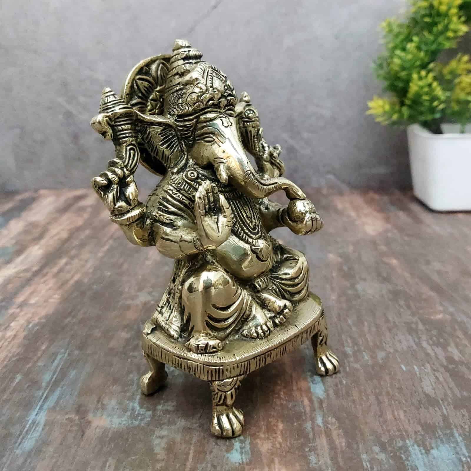 Brass Chowki Ganesha - 5.5 inch Height | Decorative Brass Ganesha Statue on Chowki for Blessings