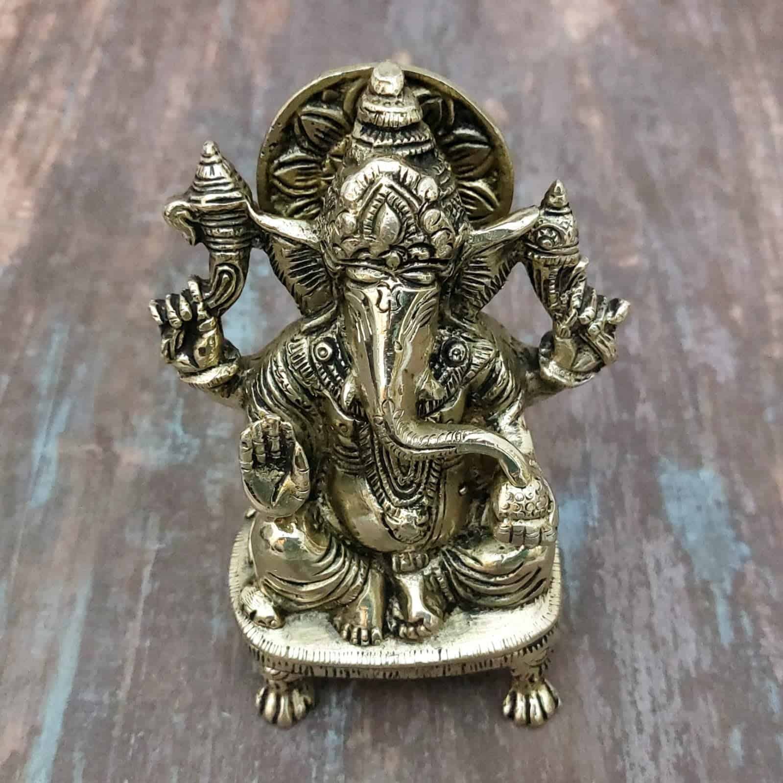 Brass Chowki Ganesha - 5.5 inch Height | Decorative Brass Ganesha Statue on Chowki for Blessings