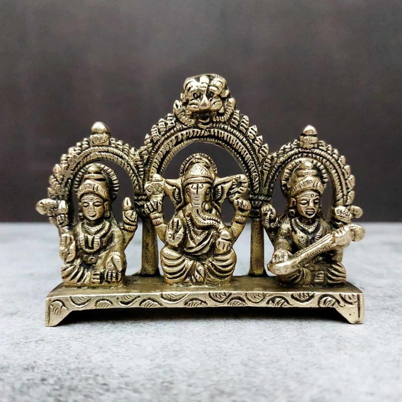 Brass Lakshmi Saraswati Ganesha Idols on a Chowki - 3.1 inch Height | Divine Brass Set of Lakshmi, Saraswati, and Ganesha Idols on Chowki