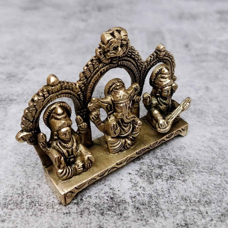 Brass Lakshmi Saraswati Ganesha Idols on a Chowki - 3.1 inch Height | Divine Brass Set of Lakshmi, Saraswati, and Ganesha Idols on Chowki
